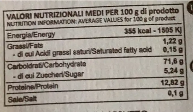 Pasta di semola di grano duro nutrition facts table