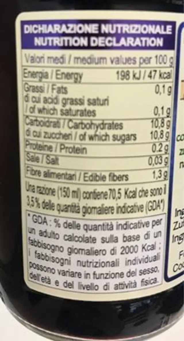 100% succo di mirtillo nutrition facts table