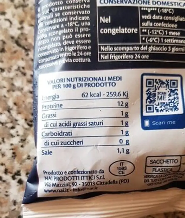 Polipo cotto e tagliato nutrition facts table