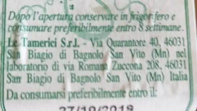 Vellutata di pere ingredients label