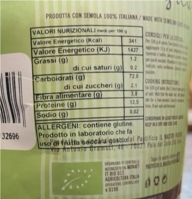 pasta bio nutrition facts table