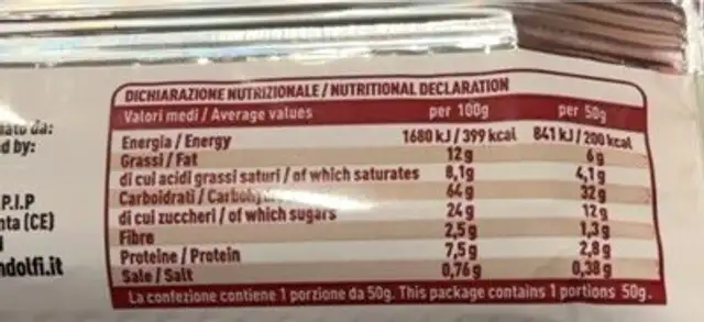 Biscotto all’Amarena nutrition facts table