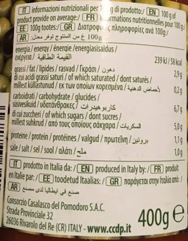 Pomi Sugo Alle Olive ingredients label