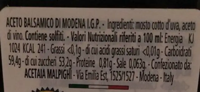 Aceto balsamico di Modena nutrition facts table