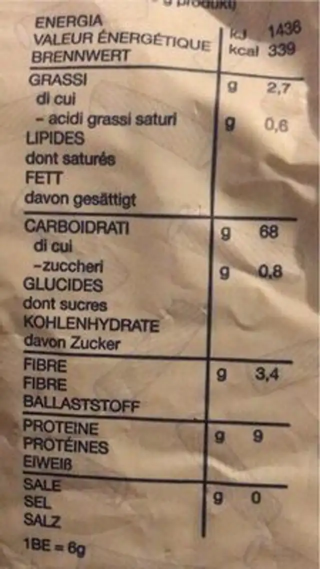 tortuglioni nutrition facts table