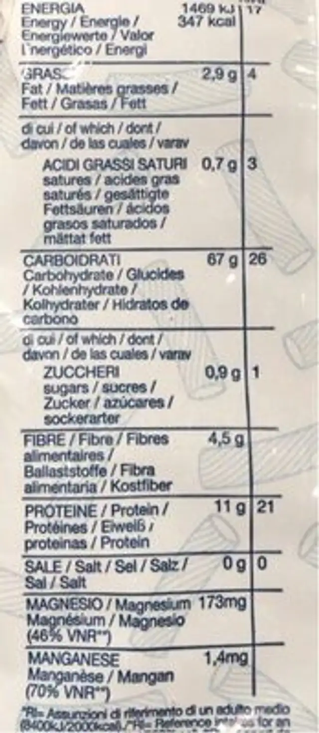 Biori Glutenfri Bovetepasta Torteglioni Eko 250G nutrition facts table
