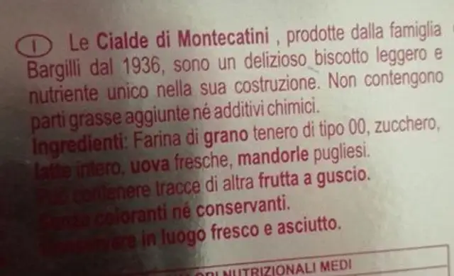 Cialde di Montecatini ingredients label