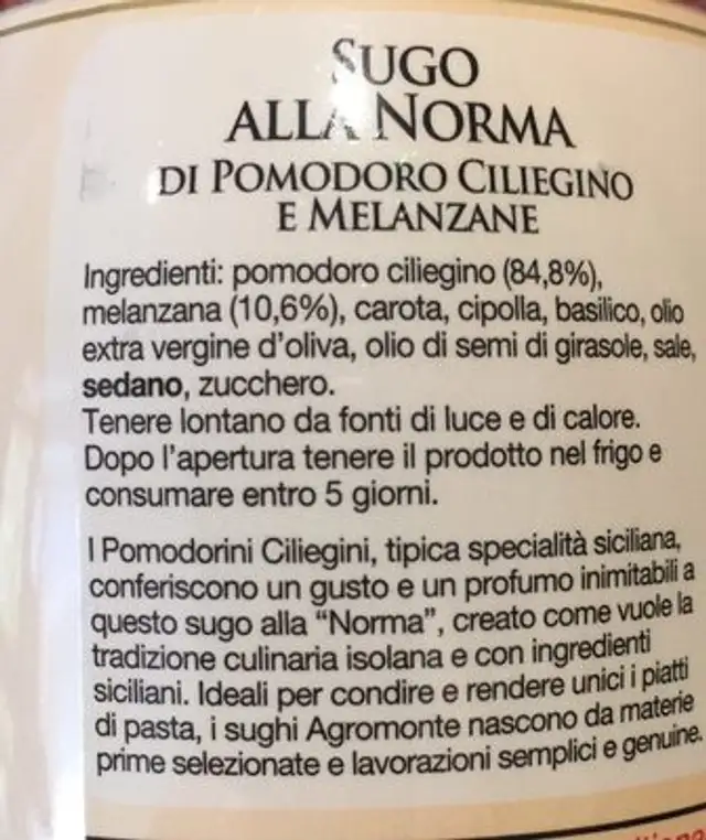 Agromonte Salsa Norma Gre ingredients label