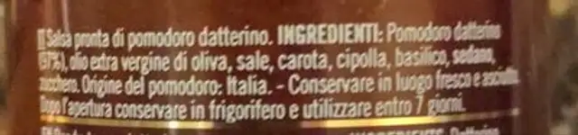 Salsa pronta di Datterino ingredients label
