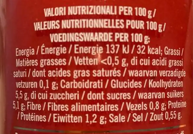 Passata de romates nutrition facts table