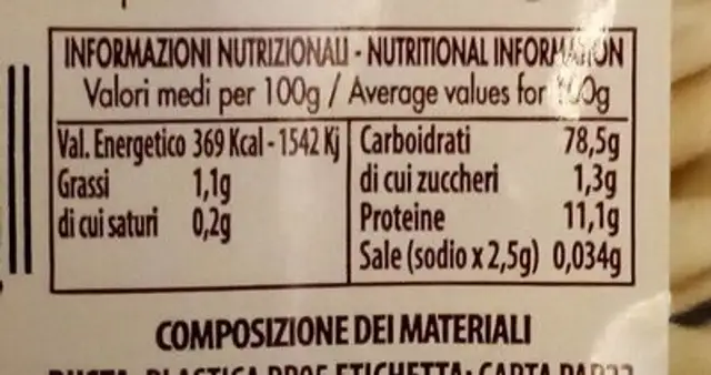 Fusilli nutrition facts table