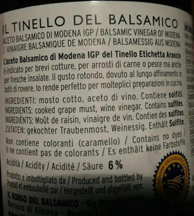 Aceto balsamico di Modena ingredients label