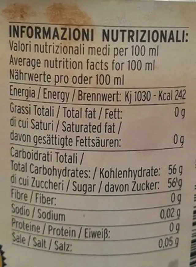 Aceto balsamico di Modena nutrition facts table