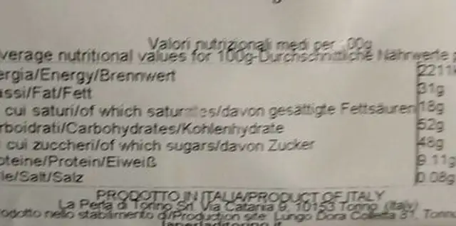 La perla nera nutrition facts table