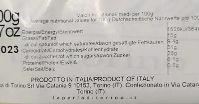 La perla di Torino nutrition facts table