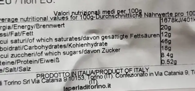 Pandorino nutrition facts table