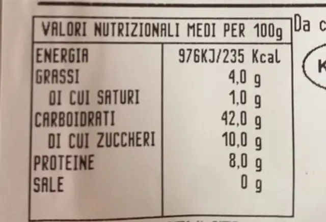 tortelli di zucca nutrition facts table