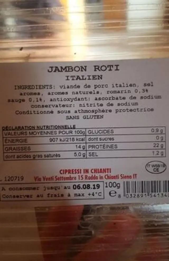 Jambon roti Italien CIPRESSI IN CHIANTI nutrition facts table