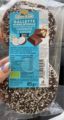 Gallette di riso integrale con cioccolato fondente e cocco front packaging