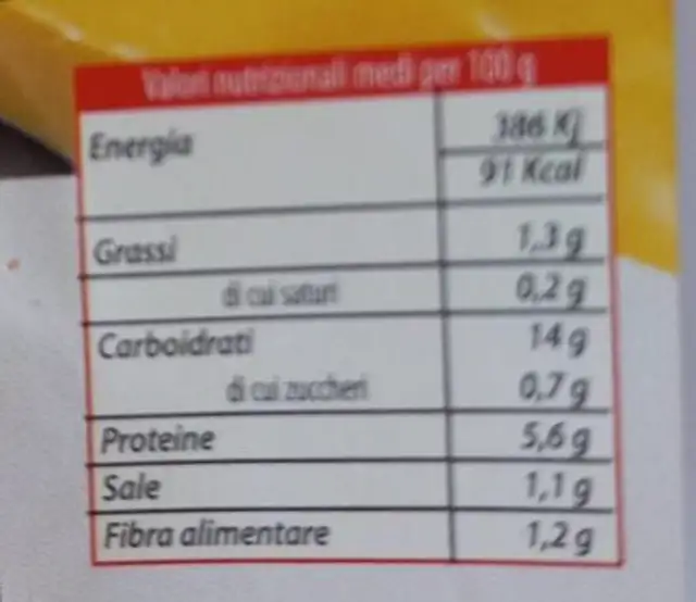 Palissa ligure nutrition facts table
