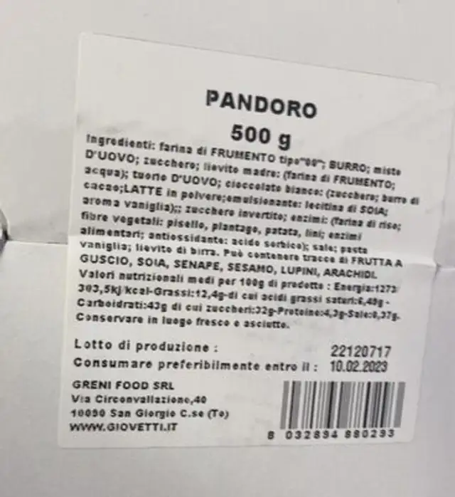 Pandoro nutrition facts table