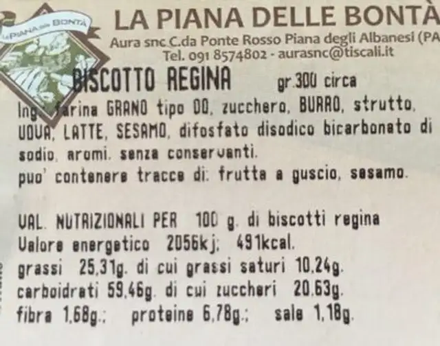 Biscotto Regina ingredients label