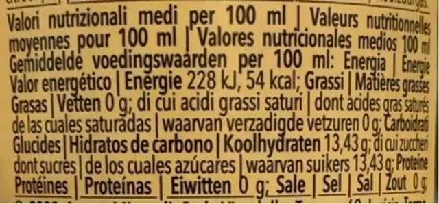 Orangeade / Aranciata nutrition facts table