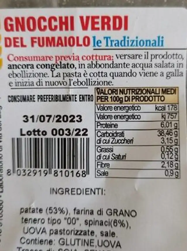 Gnocchi verdi Del fumaiolo nutrition facts table