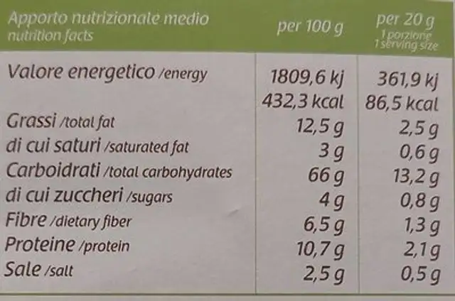 Cracker alla carota nutrition facts table