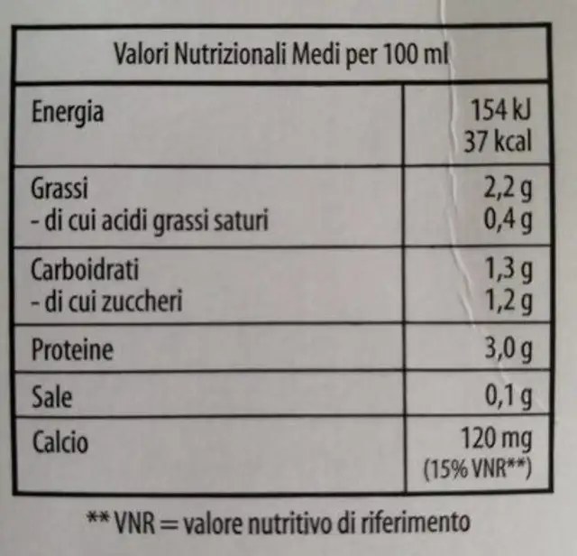 Latte di soia nutrition facts table