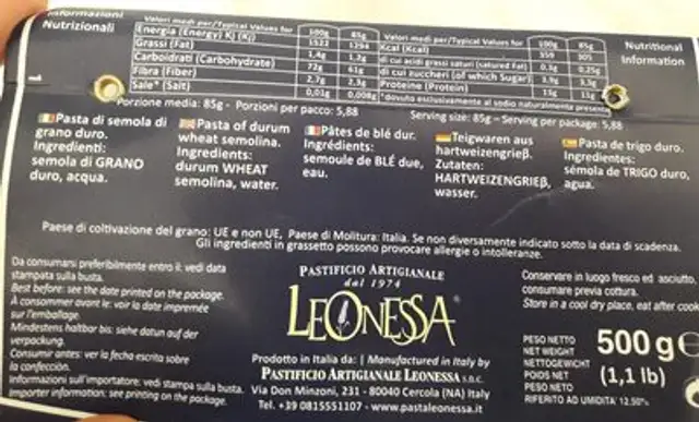 Leonessa nutrition facts table