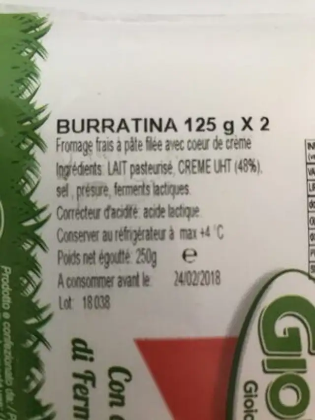Burratina 125GR LS ingredients label