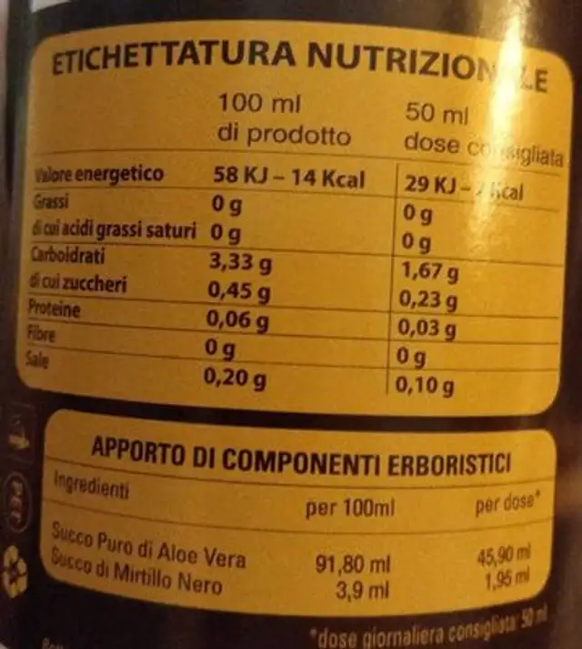 Aloé Tai nutrition facts table