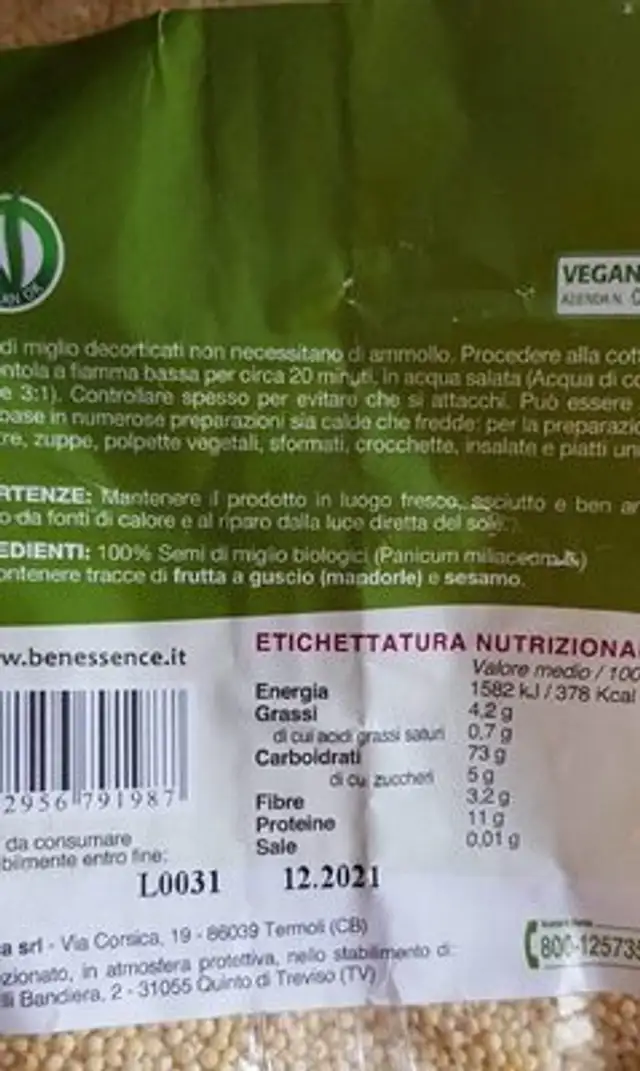 Semi Di Miglio nutrition facts table