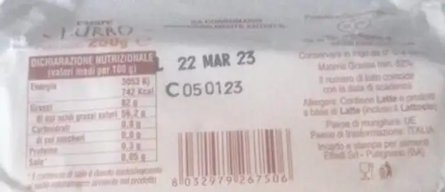Burro Casare nutrition facts table