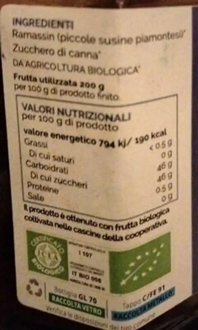 Confettura extra di ramassin nutrition facts table