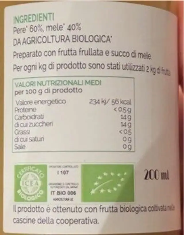 Frullato di pere nutrition facts table