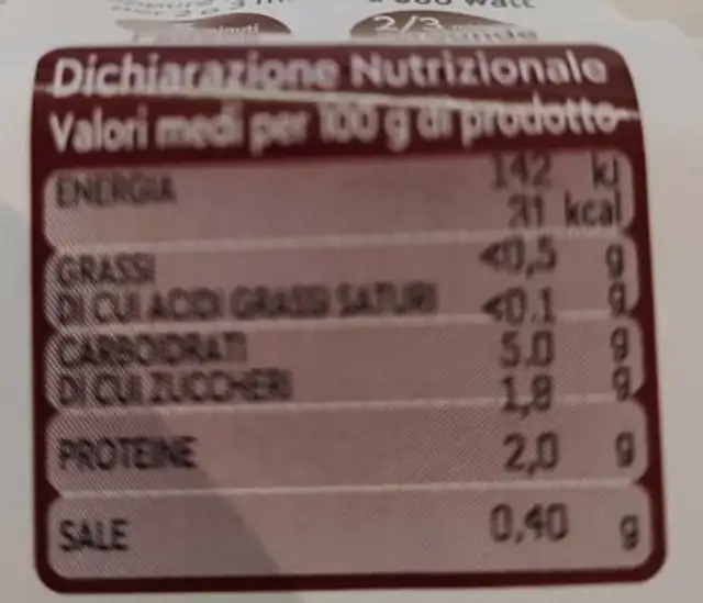 Cavolfiori/ broccoli nutrition facts table