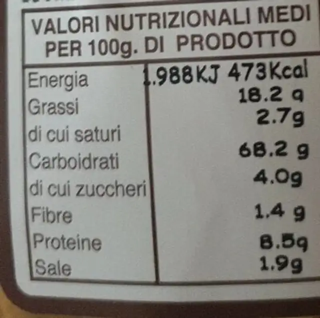 Treccine al seme di finocchio nutrition facts table