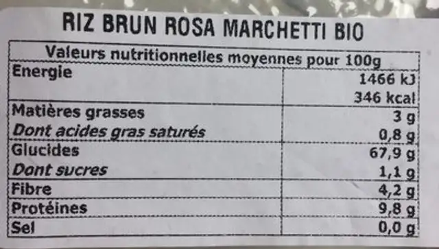 Riso Integrale nutrition facts table