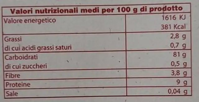 Gallette di riso rosso inegrale nutrition facts table