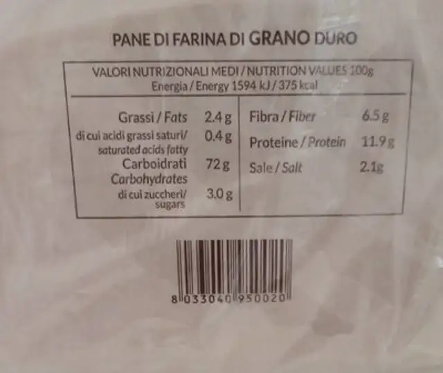 Pane Fressa nutrition facts table