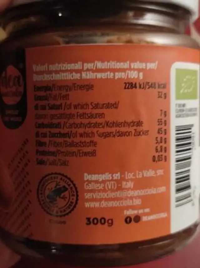 Mandorla e cacao nutrition facts table