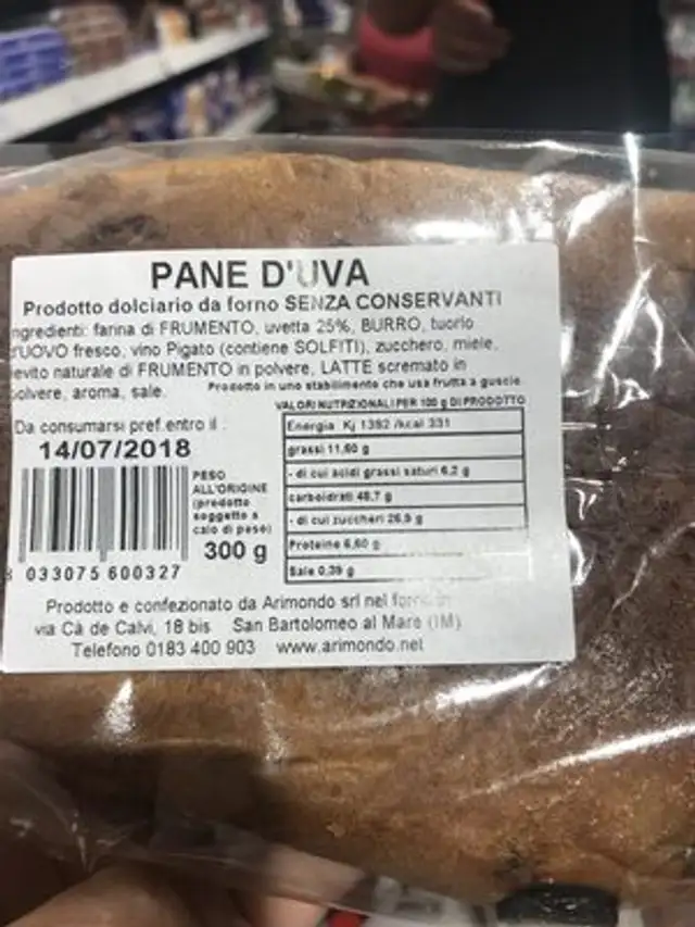 Pane d'uva ingredients label