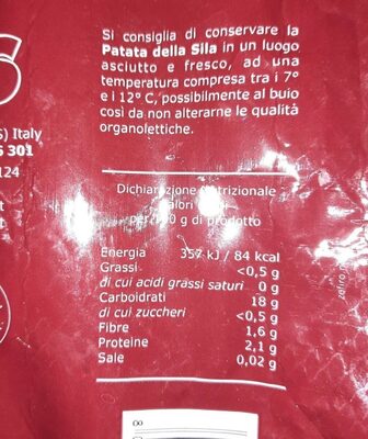 Patata della sila nutrition facts table
