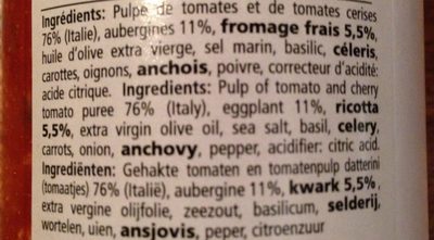 Sugo alle melanzane e ricotta ingredients label