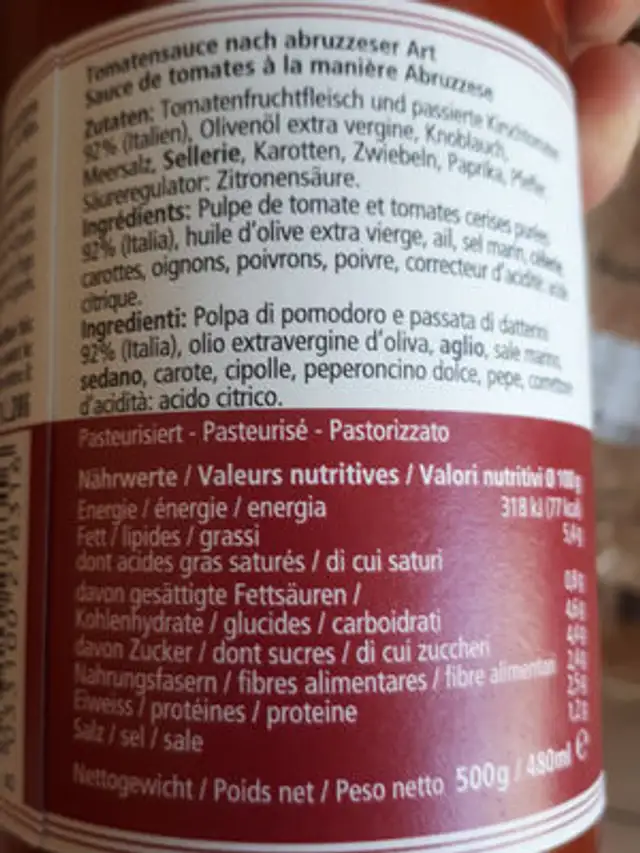 Sugo di pomodoro all'abtueze ingredients label