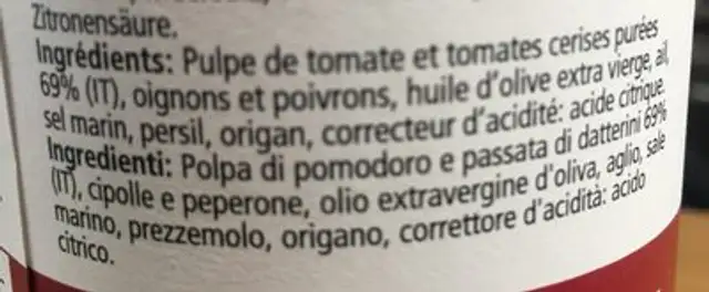 Sauce tomates alla siciliana ingredients label