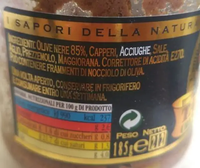 Tapenade Crema di Olive Nere ingredients label