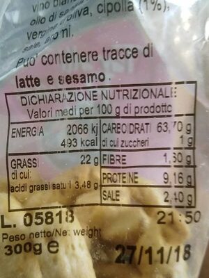 Taralli pugliesi nutrition facts table